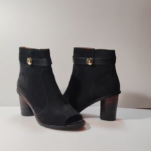Coach Moto Open-Toe Booties in black suede, featuring decorative Straps NEW